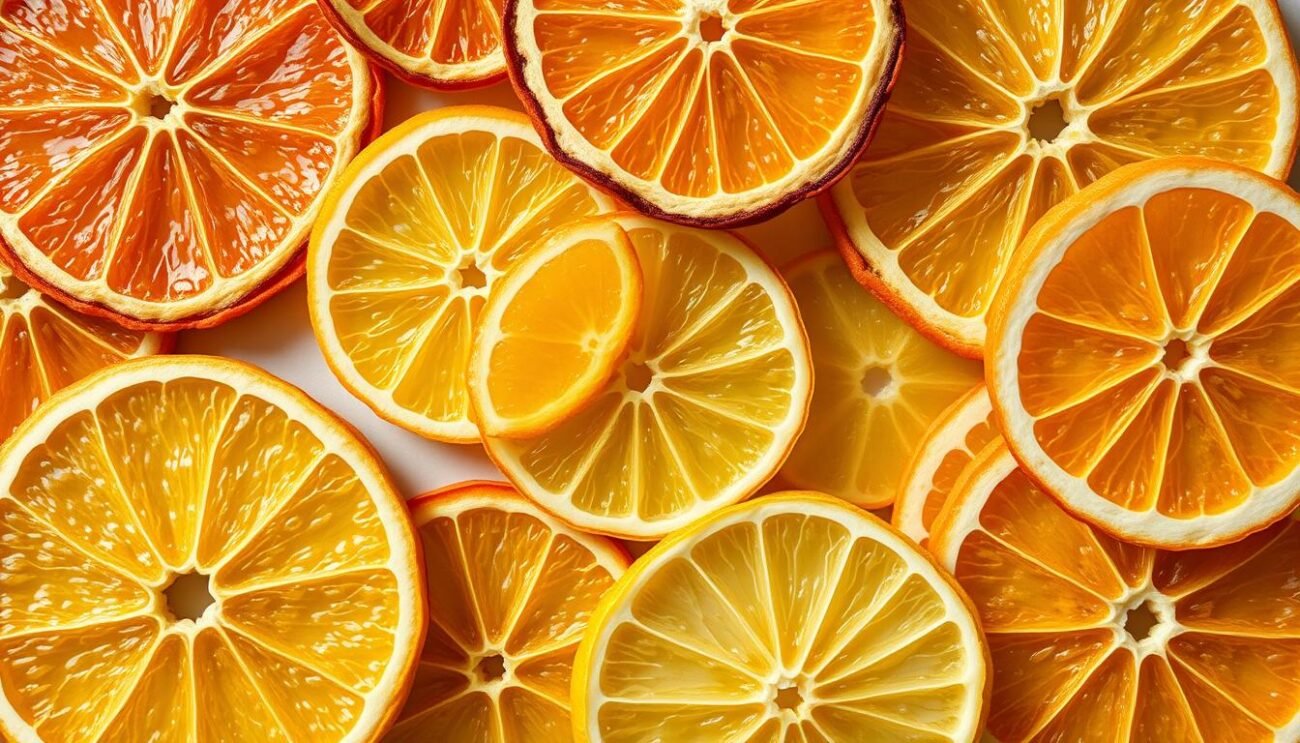 Fette di agrumi essiccate disposte artisticamente come decorazioni Fette di agrumi essiccate disposte artisticamente come decorazioni