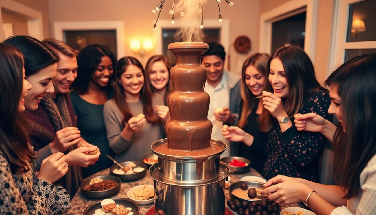 Fontana di cioccolato al centro di una festa con ospiti sorridenti che si divertono