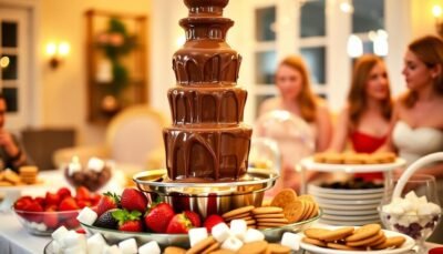 Fontana di cioccolato in funzione con cascata di cioccolato e frutta fresca intorno