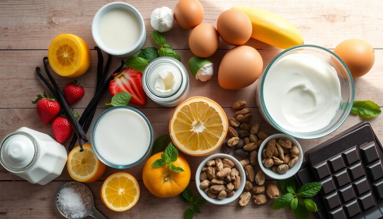 Ingredienti freschi per gelato fatto in casa disposti su un tavolo di legno