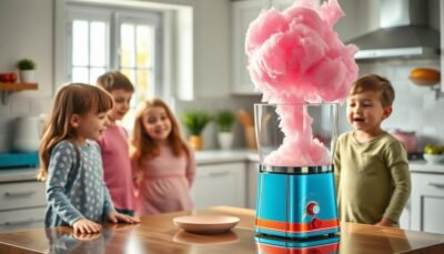 Macchina Zucchero Filato 2025 con bambini sorridenti che preparano zucchero filato colorato a casa