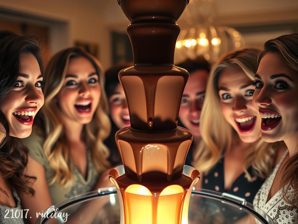 Ospiti sorpresi davanti a una fontana di cioccolato illuminata