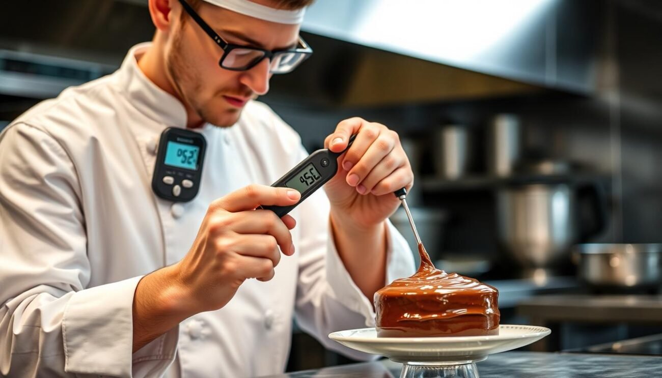 Pasticcere che utilizza correttamente un termometro digitale per misurare la temperatura del cioccolato
