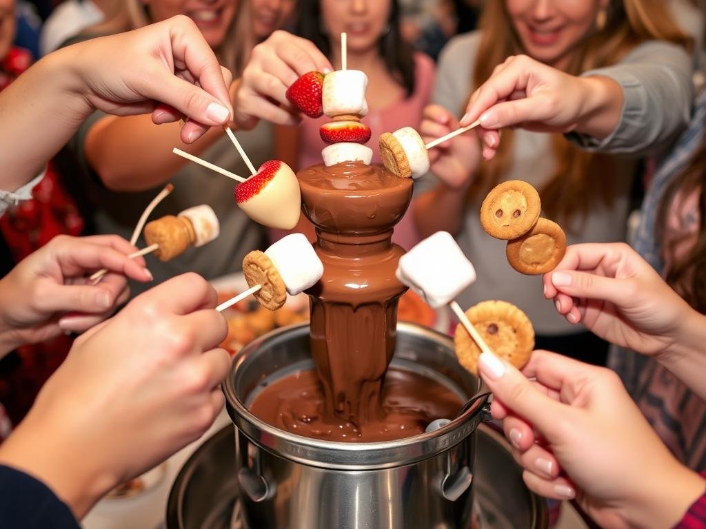 Persone che immergono frutta e dolci nella fontana di cioccolata durante una festa