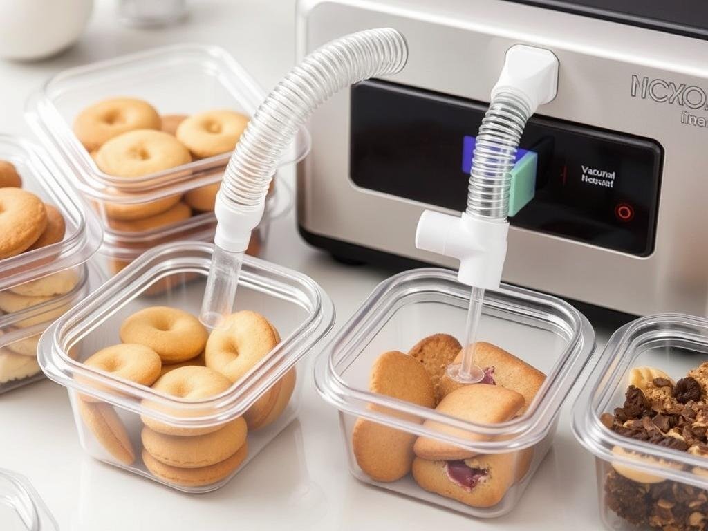 Tubo per contenitori sottovuoto collegato a barattoli con biscotti