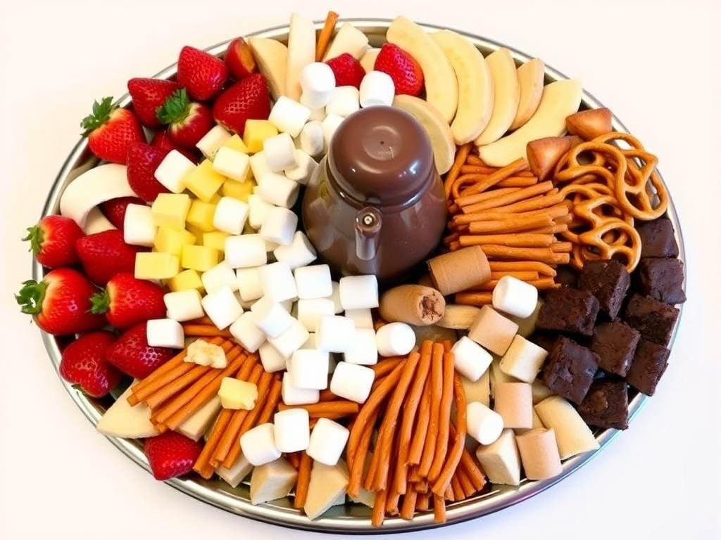 Vassoio con vari alimenti da immergere nella fontana di cioccolato