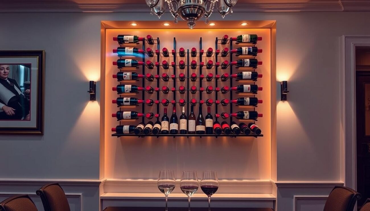 Ambiente elegante con portabottiglie da parete che valorizza una collezione di vini