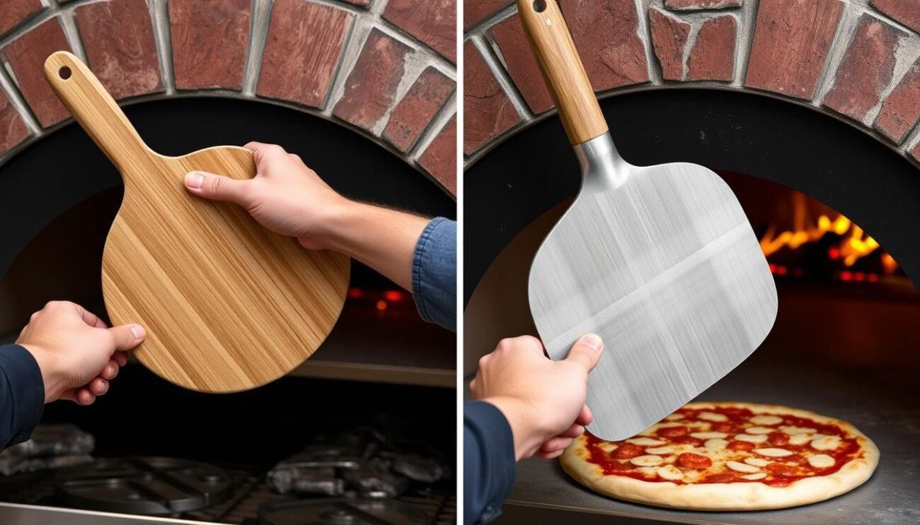 Confronto tra pala per pizza in legno e metallo durante l'uso con forno per pizza