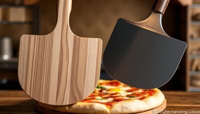 Confronto tra pala per pizza in legno e metallo su sfondo di pizza appena sfornata