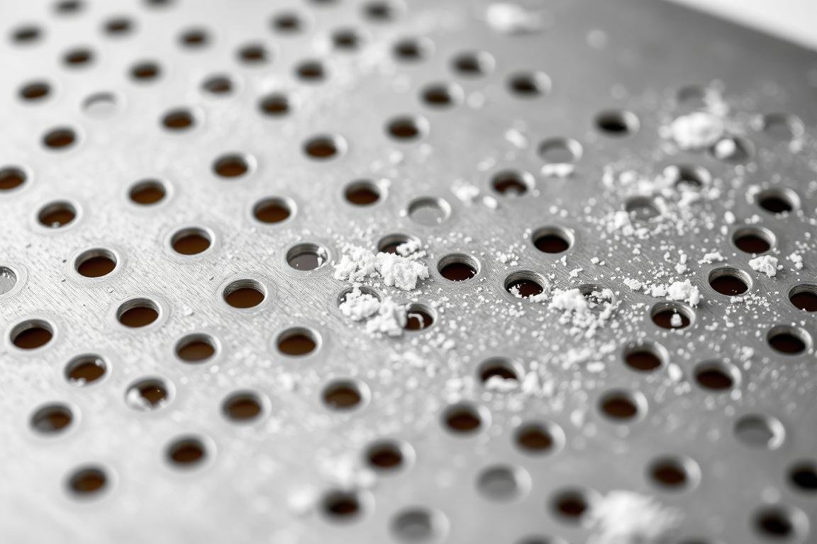 Dettaglio dei fori di una pala per pizza in metallo che permettono alla farina in eccesso di cadere