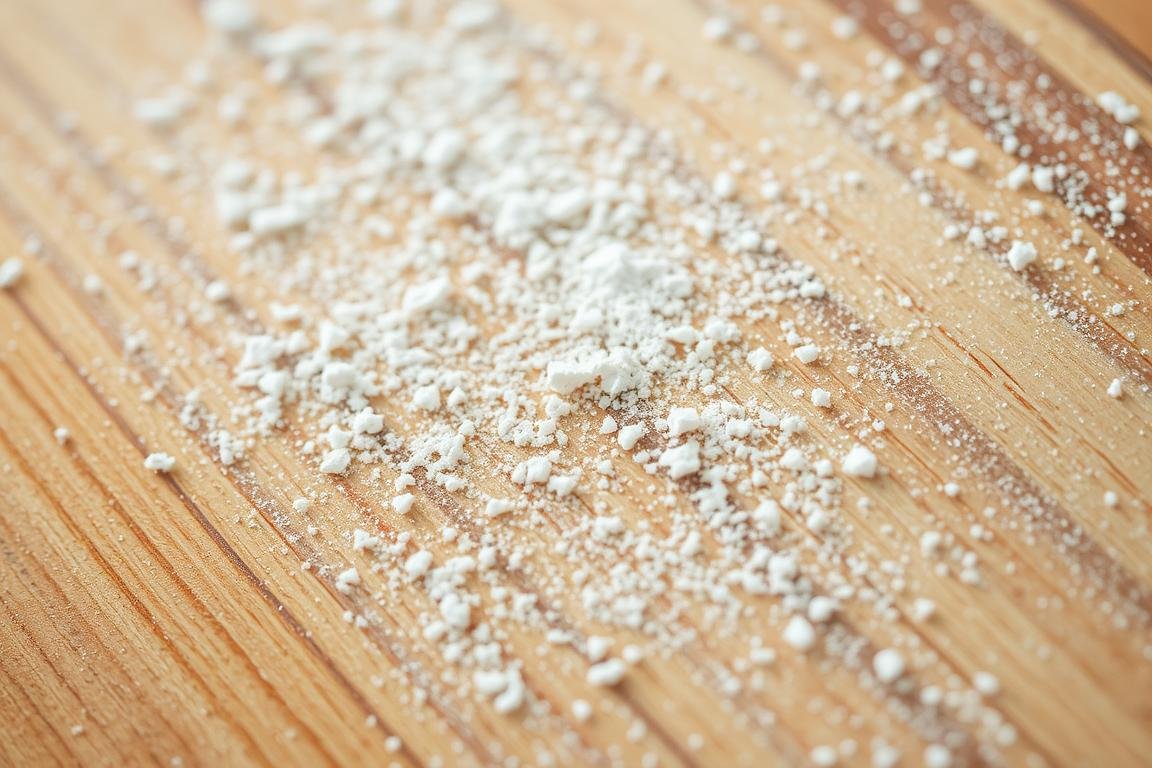 Dettaglio della superficie porosa di una pala per pizza in legno con farina