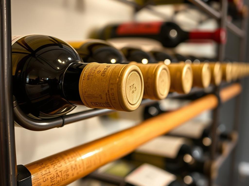 Dettaglio di bottiglie conservate orizzontalmente in un portabottiglie da parete