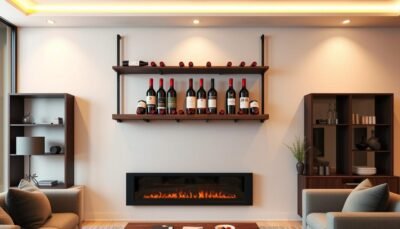 Elegante portabottiglie da parete con bottiglie di vino esposte in un ambiente moderno