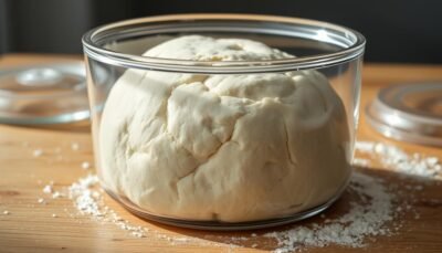 Impasto pizza in contenitore per lievitazione con evidente sviluppo di bolle d'aria