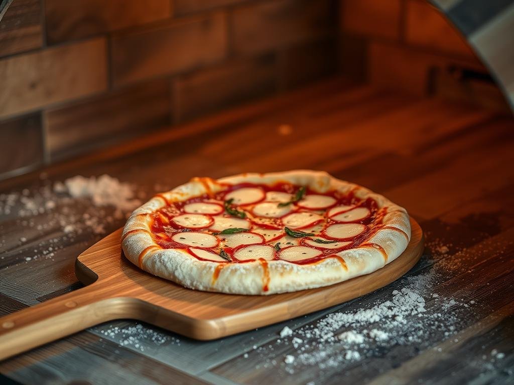 Pala per Pizza in Legno con pizza pronta per essere infornata