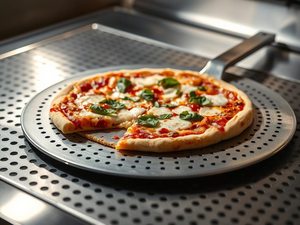 Pala per Pizza in Metallo forata con pizza pronta per essere infornata