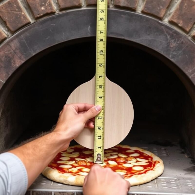 Persona che misura l'apertura del forno per scegliere la pala per pizza della giusta dimensione
