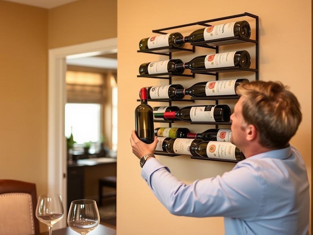 Persona che seleziona facilmente una bottiglia da un portabottiglie da parete