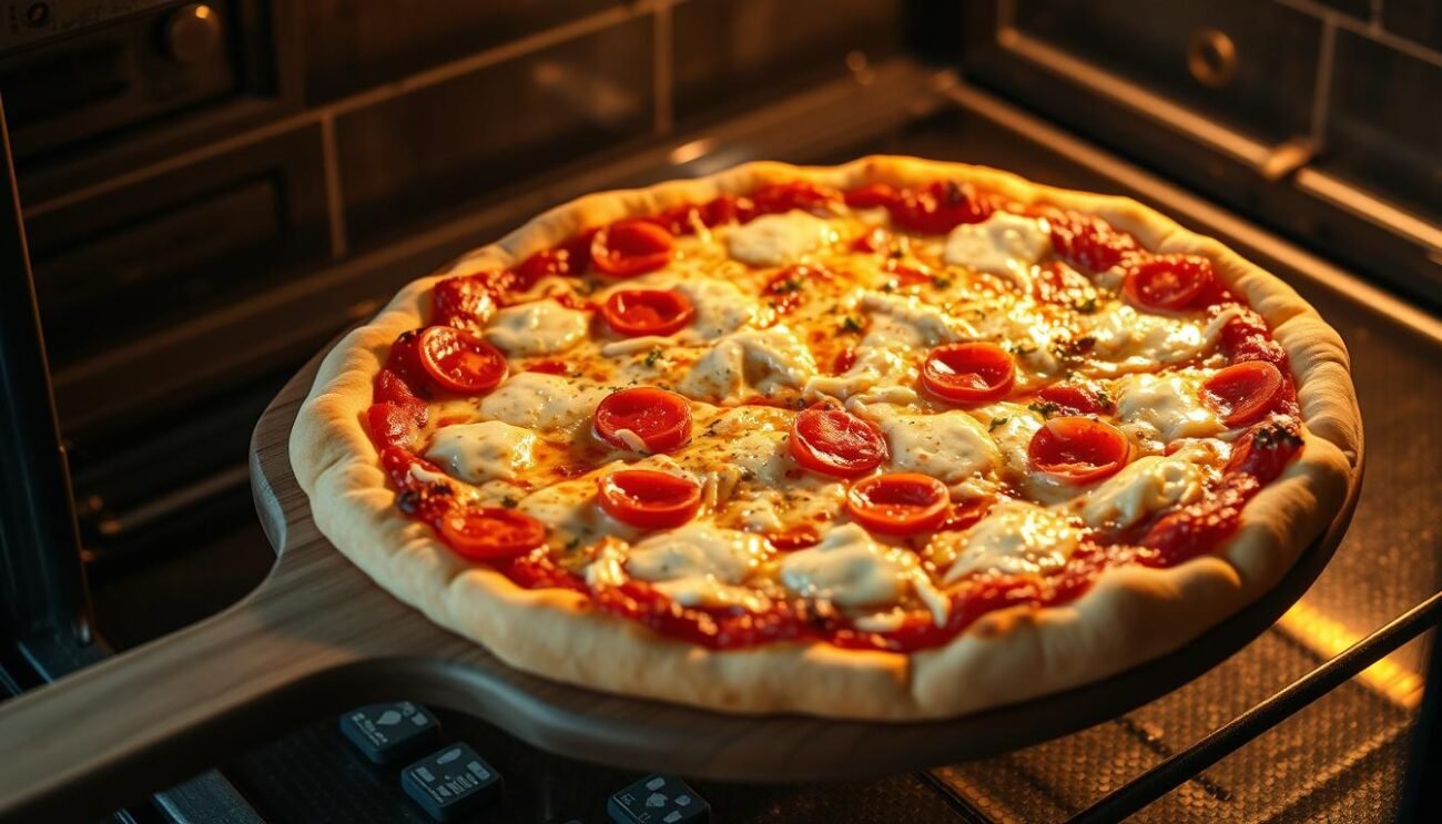 Pizza perfettamente cotta su una pala per pizza in legno pronta per essere servita