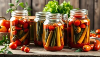 Vasi per conserve sottovuoto con pomodori e sottoli fatti in casa